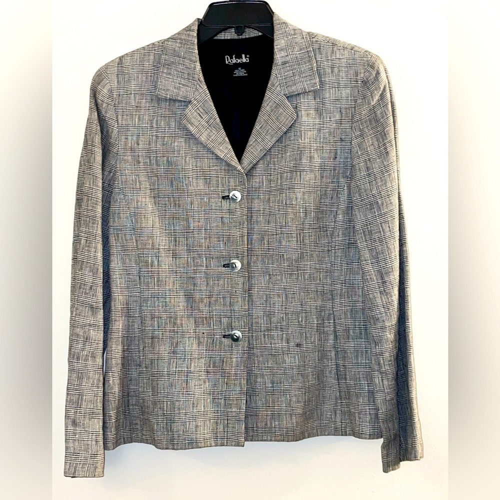 Rafaella Women's 100% Linen Glen Plaid Jacket Lined Front Buttons & Cuffs Sz 12